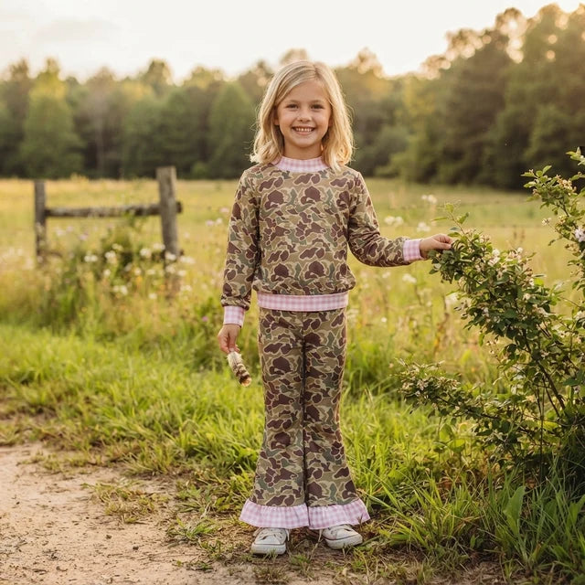 RTS NO MOQ （In stock）milk silk GLP3735（GT1841+P1183）Baby Girls Khaki Camo Top Bell Bottom Pant Clothes Set