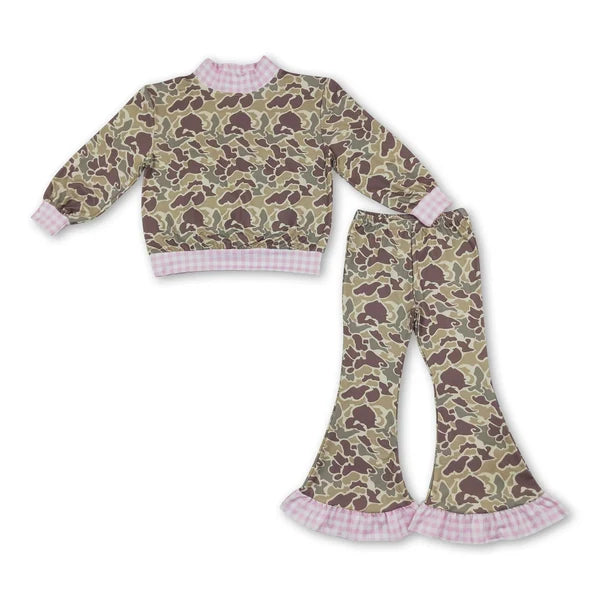 RTS NO MOQ Sibling milk silk Baby Girls Camo Print Long Sleeve Top With Pink Gingham Trim And Ruffle Bell Bottom Pants Set