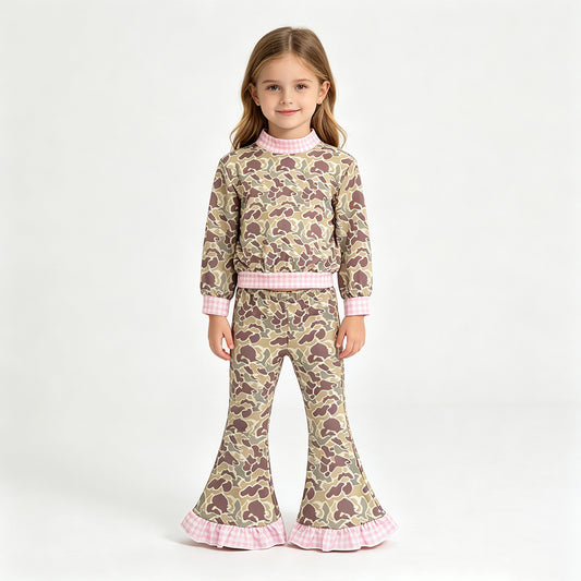 GLP3735（GT1841+P1183） Sample No Moq Baby Girls Khaki Camo Choker Top Bell Bottom Pant Clothes Set