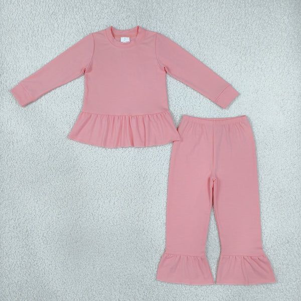 RTS NO MOQ Sibling cotton Baby Girls Solid Color Long Sleeve Ruffle Top And Flare Pant Matching Set