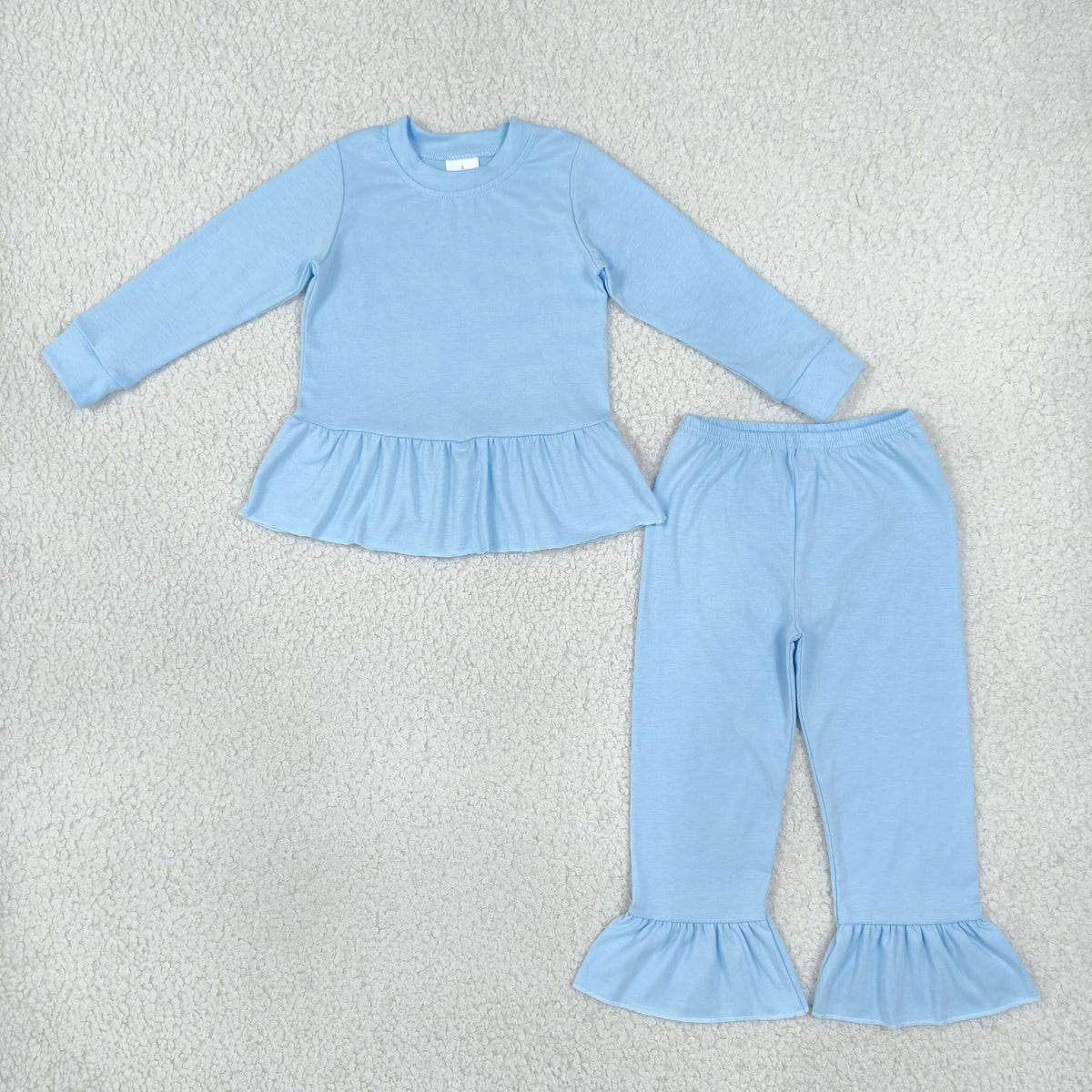 RTS NO MOQ Sibling cotton Baby Girls Solid Color Ruffle Peplum Long Sleeve Top And Flare Pant Set