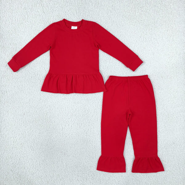 RTS NO MOQ Sibling cotton Baby Girls Solid Color Long Sleeve Ruffle Top And Flare Pant Matching Set