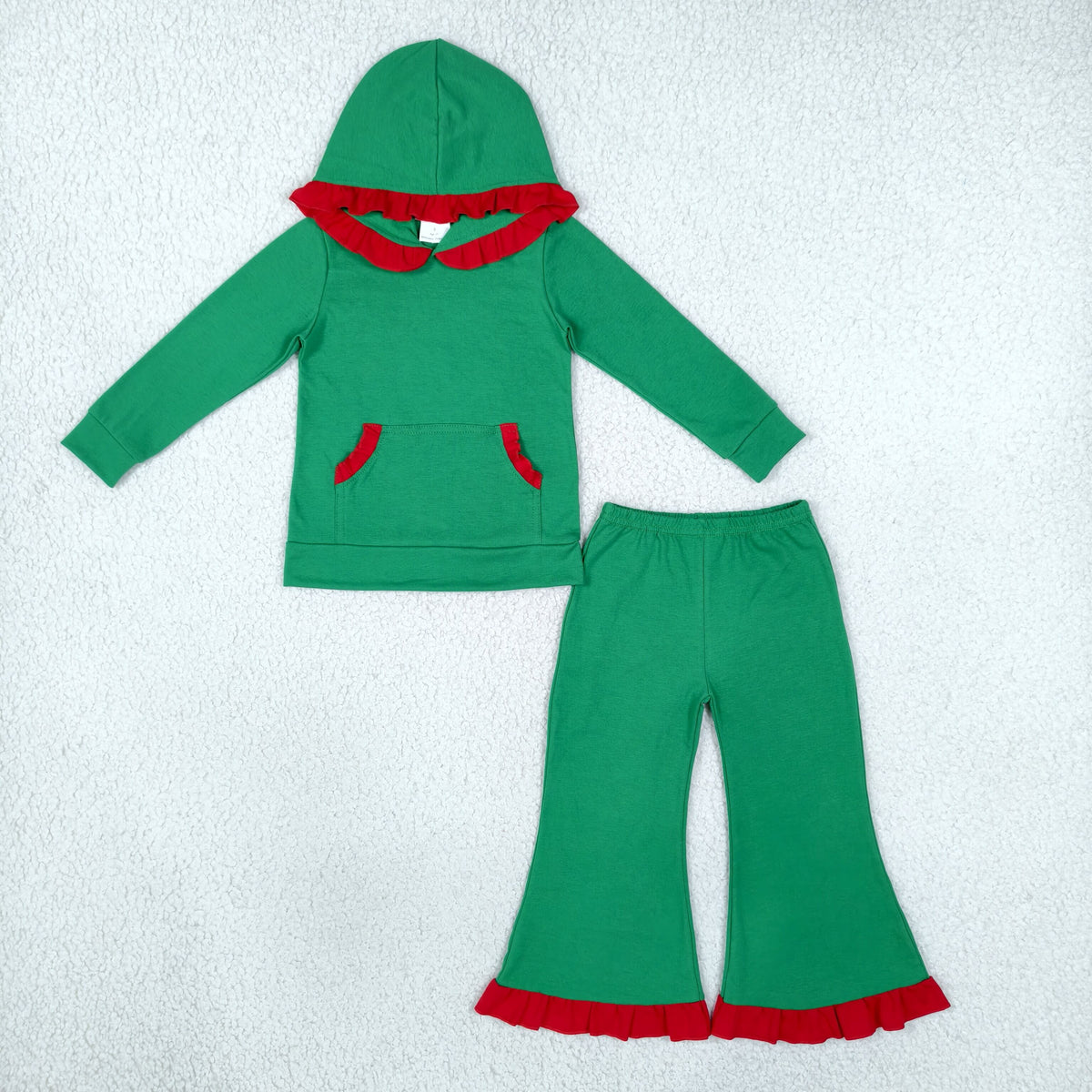 RTS NO MOQ （In stock） cotton GLP3752 Baby Girls Pocket Ruffle Hoodie Bell Bottom Pant Christmas Holiday Clothes Set
