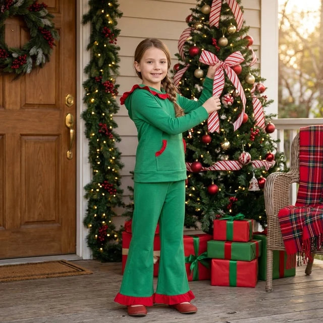 RTS NO MOQ （In stock） cotton GLP3752 Baby Girls Pocket Ruffle Hoodie Bell Bottom Pant Christmas Holiday Clothes Set