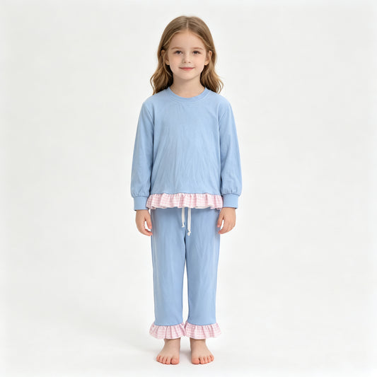 GLP3753 Sample No Moq Baby Girls Light Blue Long Sleeve Top Ruffle Pant Clothes Set