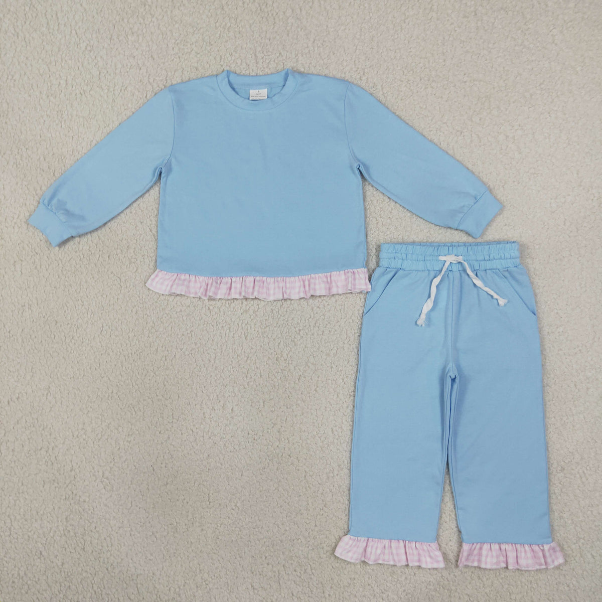 RTS NO MOQ （In stock）cotton GLP3753 Baby Girls Light Blue Long Sleeve Top Ruffle Pant Clothes Set