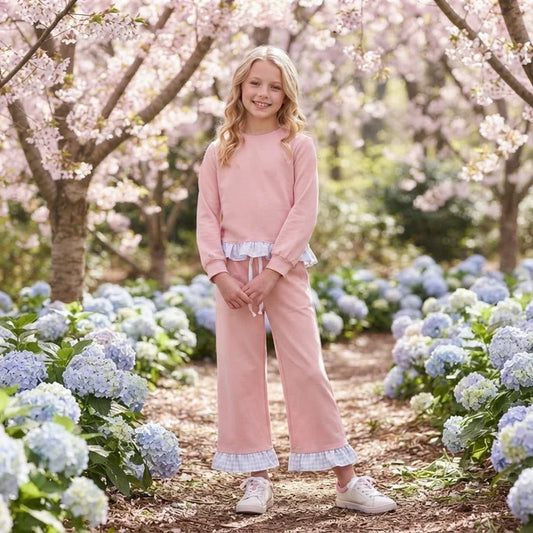 RTS NO MOQ （In stock）cotton GLP3754 Baby Girls Pink Long Sleeve Stripe Top Ruffle Pant Casual Outfit