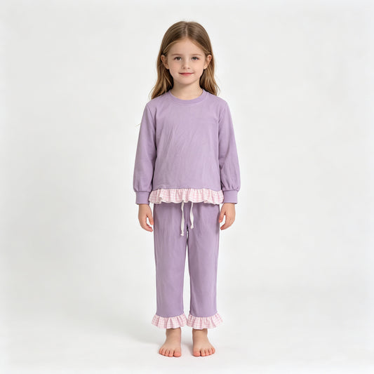 GLP3755 Sample No Moq Baby Girls Lavender Long Sleeve Top Ruffle Pant Clothes Set