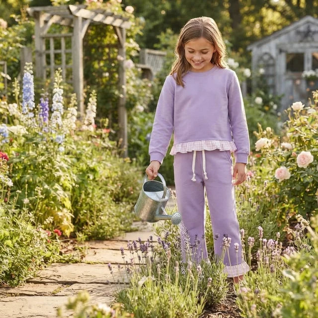 RTS NO MOQ （In stock）Cotton GLP3755 Baby Girls Lavender Long Sleeve Top Ruffle Pant Clothes Set
