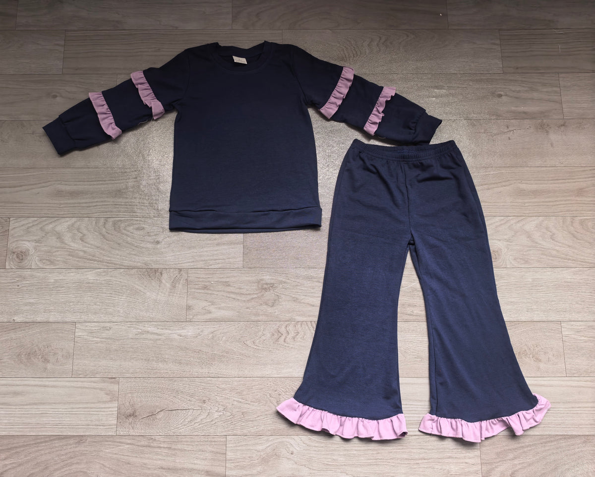 GLP3838 Sample No Moq Baby Girls Navy  Long Sleeve Top  Ruffle Bell Bottom Clothes Set