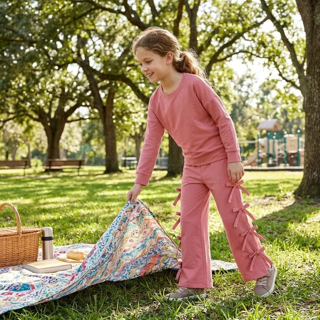 RTS NO MOQ （In stock）cotton GLP3845 Baby Girls Peach Long Sleeve Top Bows Pockets Flare Pant Casual Set