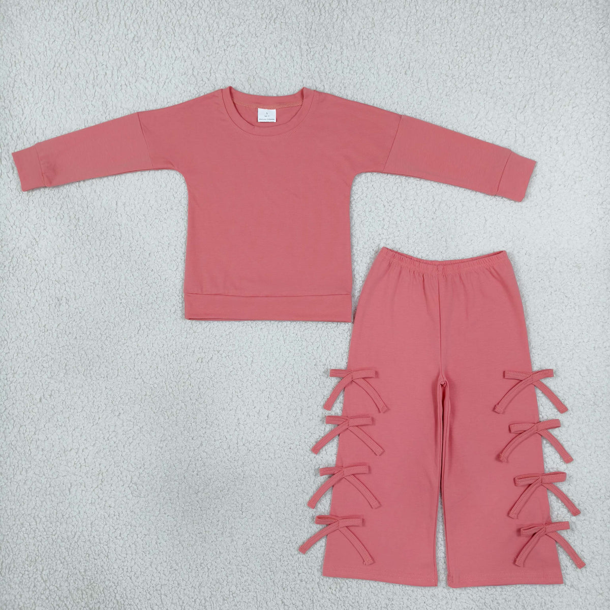 RTS NO MOQ （In stock）cotton GLP3845 Baby Girls Peach Long Sleeve Top Bows Pockets Flare Pant Casual Set