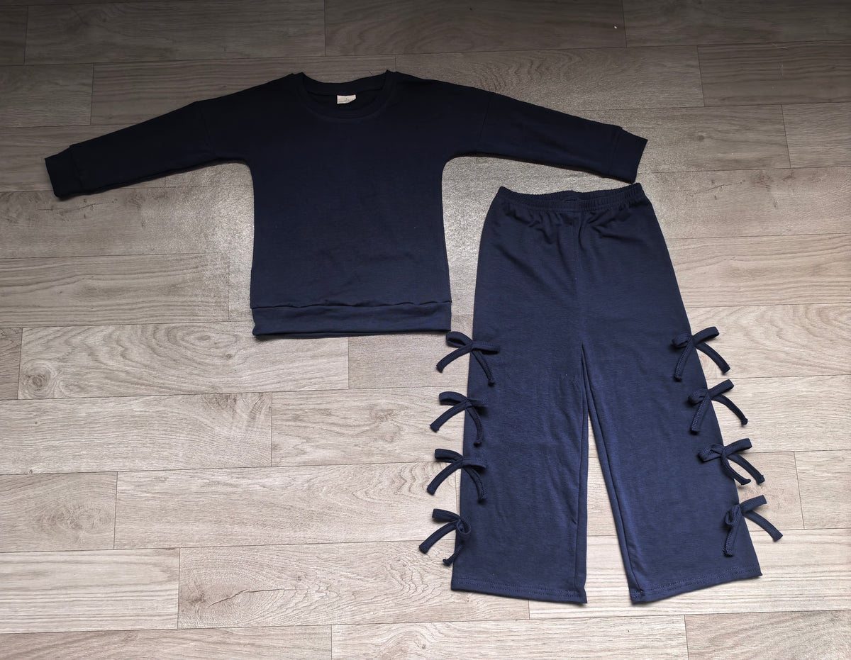 GLP3849 Sample No Moq Baby Girls Navy Blue Long Sleeve Bows Pockets Top Flare Pant Clothes Set