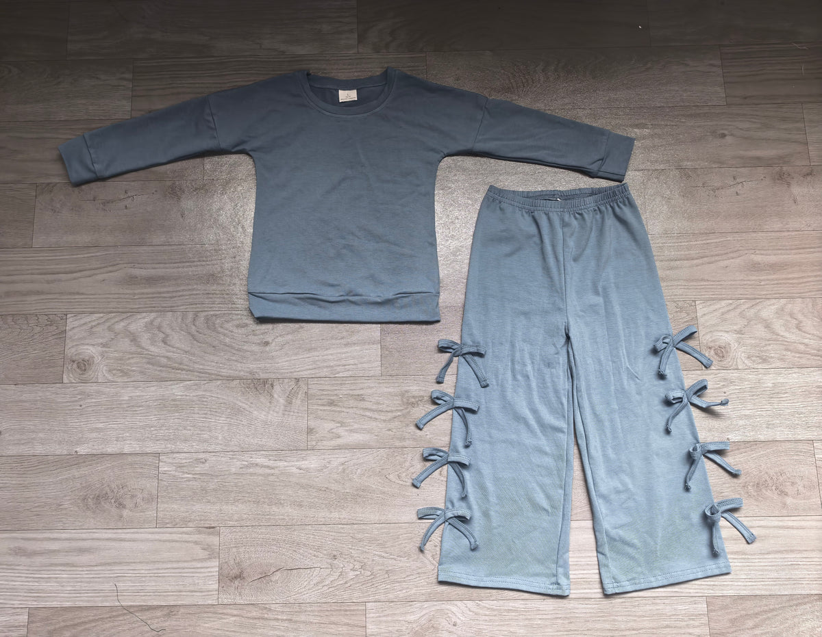 GLP3850 Sample No Moq Baby Girls Blue  Long Sleeve Bows Pockets Top Flare Pant Clothes Set
