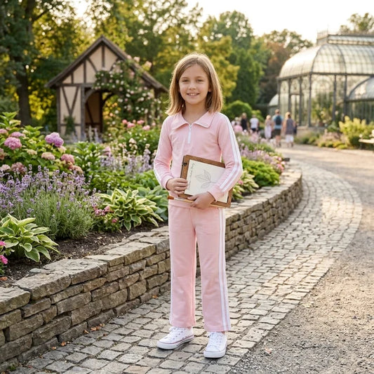 RTS NO MOQ （In stock）cotton GLP3860 Baby Girls Pink Long Sleeve Zip Pullovers Pockets Pant Cotton Casual Set
