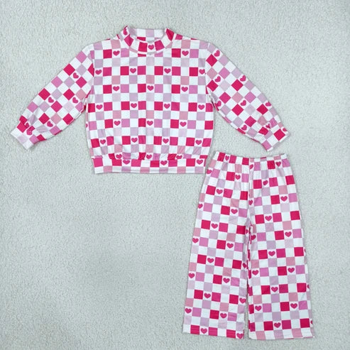 RTS NO MOQ Sibling milk silk High Neck Baby Girls Pink Checkerboard Heart Print Mock Neck Bubble Romper Long Sleeve Top Wide Leg Pants Set