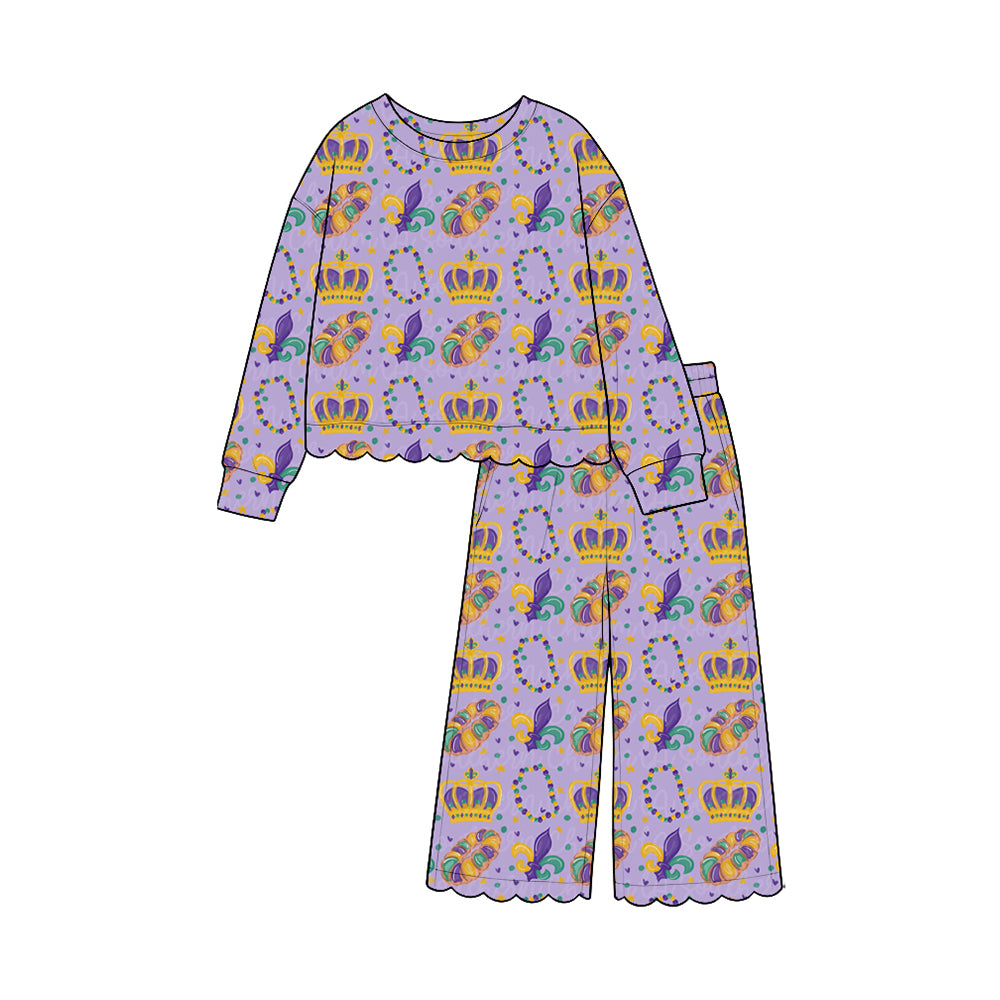 (Preorder new) No moq (Preorder new) No moq cotton Baby Girls Long Sleeve Print Jumpsuit And Girls Ruffled Top Wide Leg Pants Set