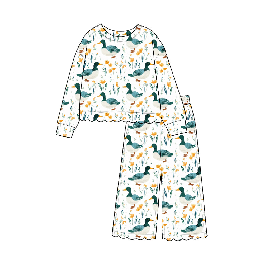 (Preorder new) No moq cotton Baby Girls Duck Floral Print Long Sleeve Waist Jumpsuit And Scalloped Top Wide Leg Pants Set