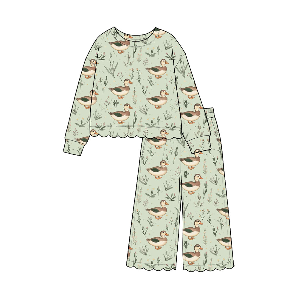 (Preorder new) No moq cotton Baby Girls Duck Print Jumpsuit And Girls Scalloped Top Wide Leg Pants Set