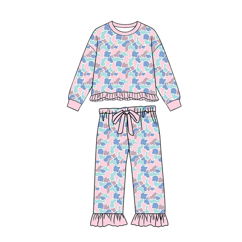 (Preorder new) No moq Toddler Kids Camo Print Crew Neck Sweatshirt Jogger Pants And Ruffle Hem Top Flare Pants Outfit