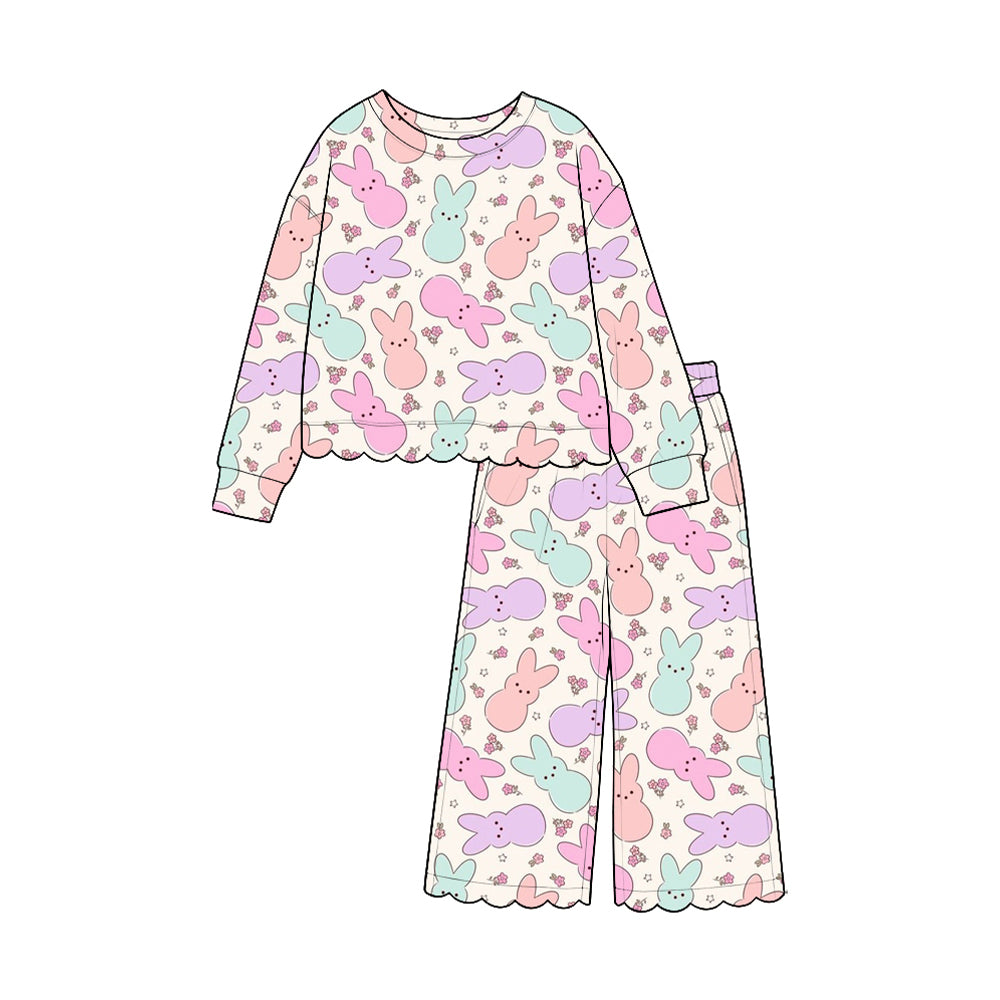 (Preorder new) No moq cotton Baby Girls Bunny Print Jumpsuit And Girls Scalloped Top Wide Leg Pants Set