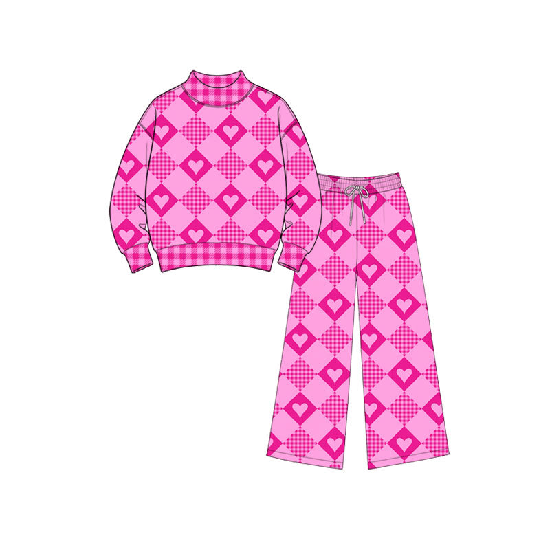 (Preorder new) No moq High Neck Toddler Girls Valentines Day Heart Print Mock Neck Long Sleeve Top And Flare Pants Outfit