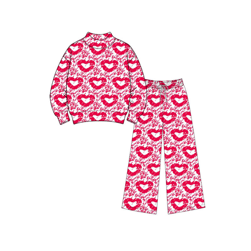 (Preorder new) No moq High Neck Toddler Girls Valentines Day Heart Print Mock Neck Long Sleeve Top And Flare Pants Outfit