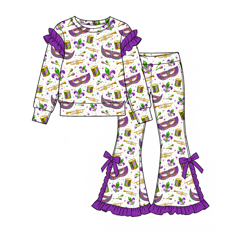 (Preorder new) No moq Toddler Girls Ruffle Long Sleeve Printed Sweatshirt And Flare Pant Set