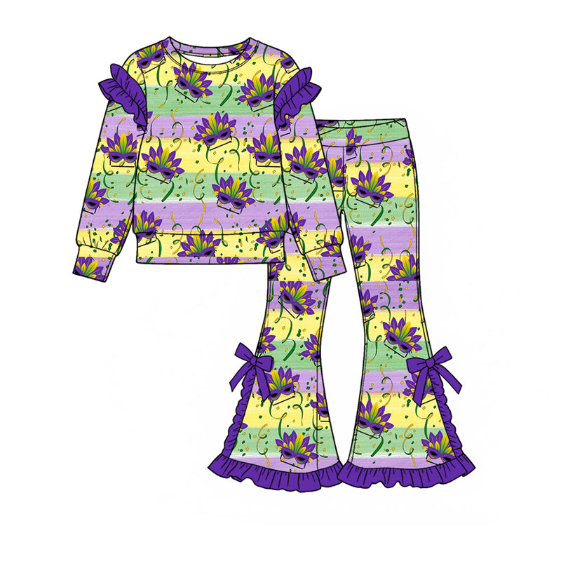 (Preorder new) No moq Toddler Girls Ruffle Long Sleeve Printed Sweatshirt And Flare Pant Set
