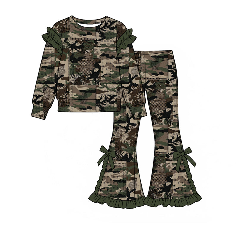 (Preorder new) No moq Toddler Girls Long Sleeve Ruffle Sweatshirt And Flare Bell Bottom Pant Set