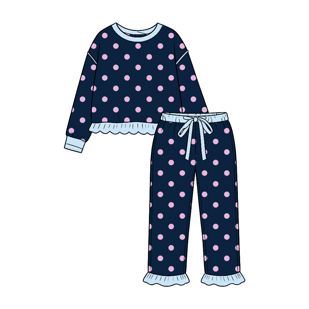 (Preorder new) No moq Toddler Girls Polka Dot Long Sleeve Ruffle Trim Top And Ruffle Hem Pant Set