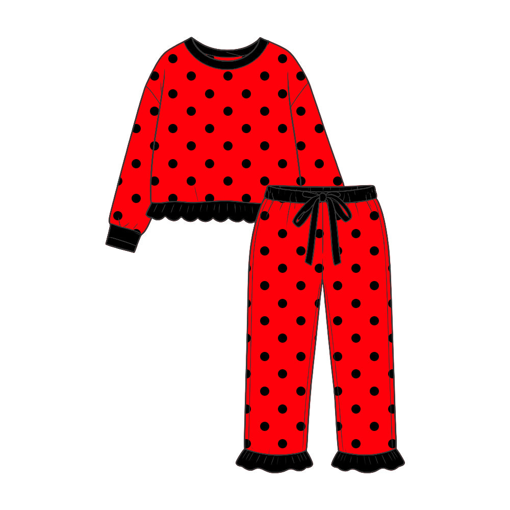 (Preorder new) No moq Baby Girls Polka Dot Pajama Set Long Sleeve Ruffle Top And Ruffle Pant Sleepwear