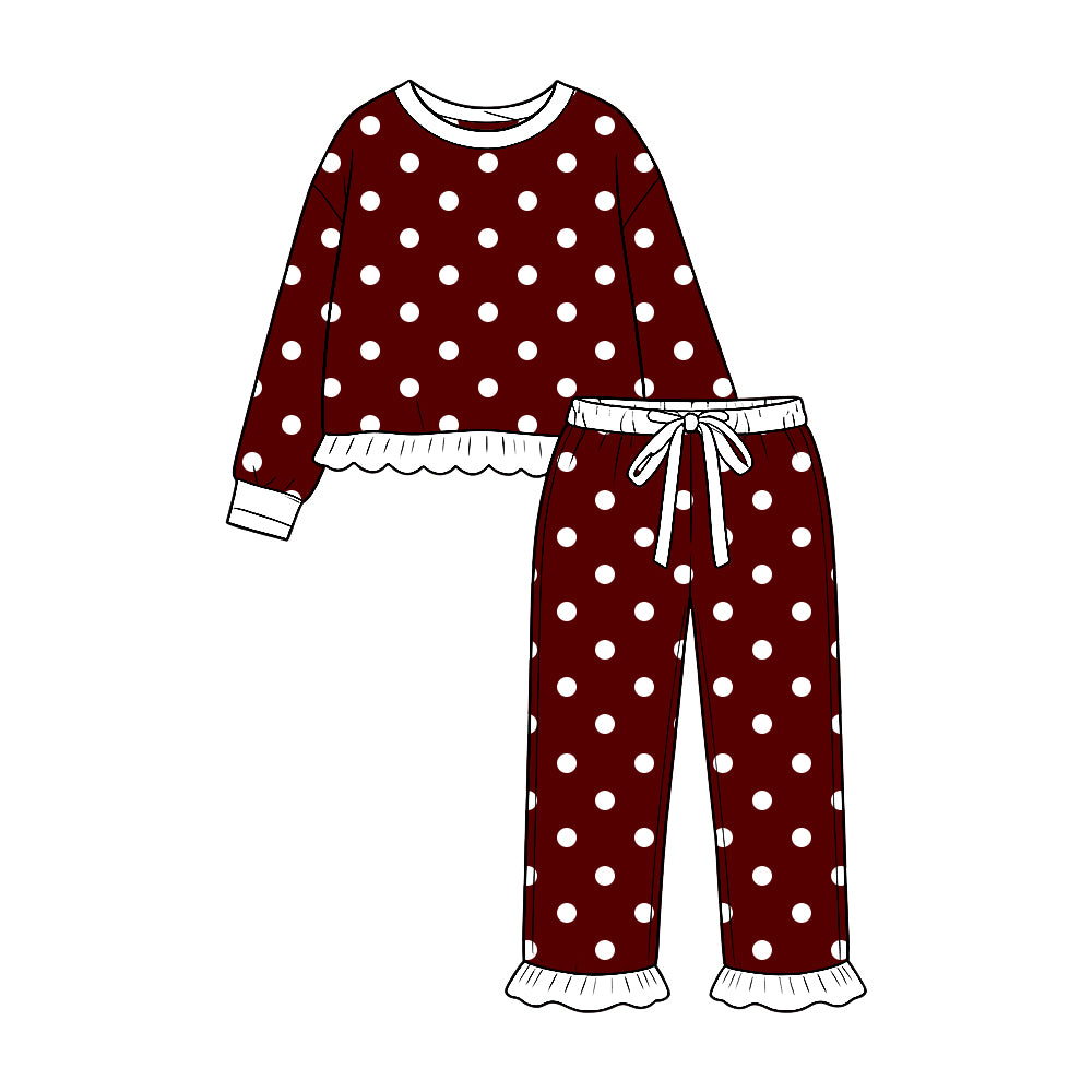 (Preorder new) No moq Baby Girls Polka Dot Pajama Set Long Sleeve Ruffle Top And Ruffle Pant Sleepwear