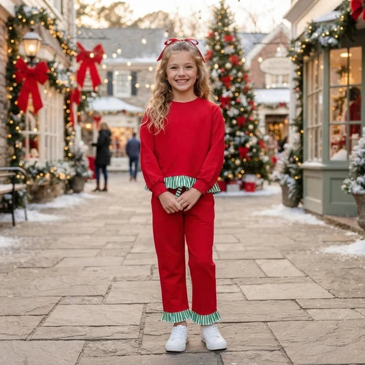 RTS NO MOQ （In stock）cotton GLP3916（GT1935+P1153）Baby Girls Red Long Sleeve Scallop Tunic Ruffle Pant Casual Set