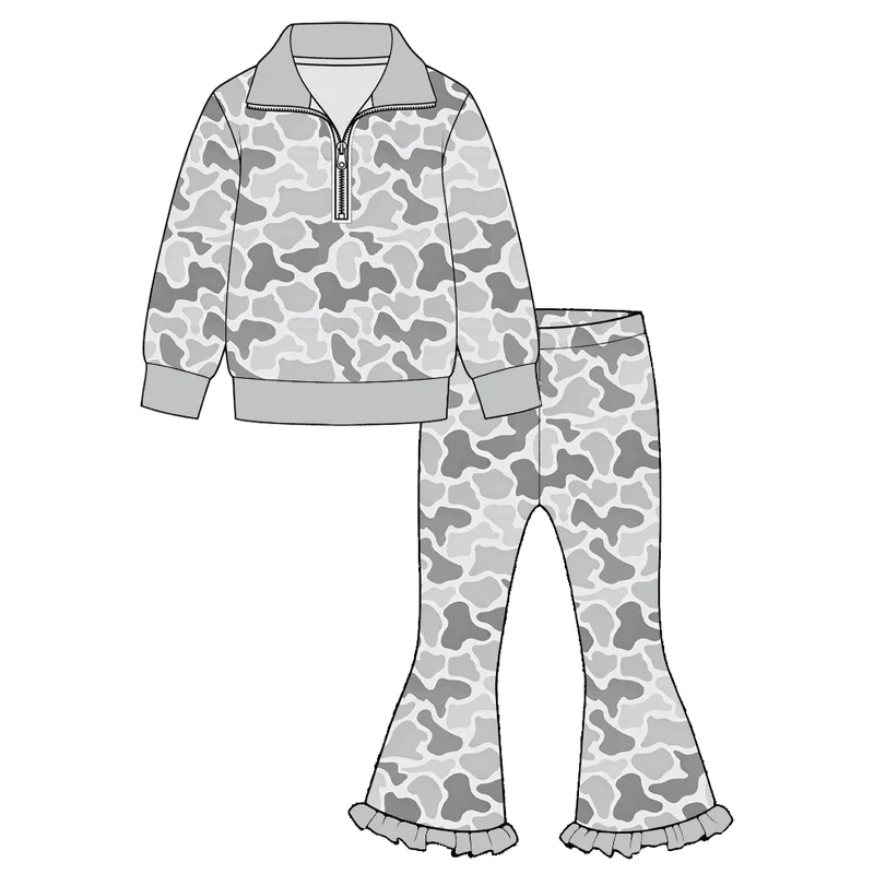 (Preorder new) No moq Baby Girls  Long Sleeve Quarter Zip Collar Top Matching Ruffle Hem Bell Bottom Pants Set