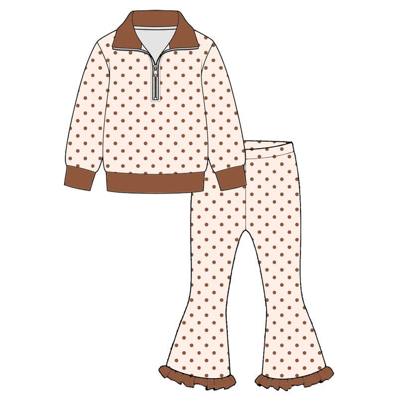 (Preorder new) No moq Baby Girls  Long Sleeve Quarter Zip Collar Top Matching Ruffle Hem Bell Bottom Pants Set