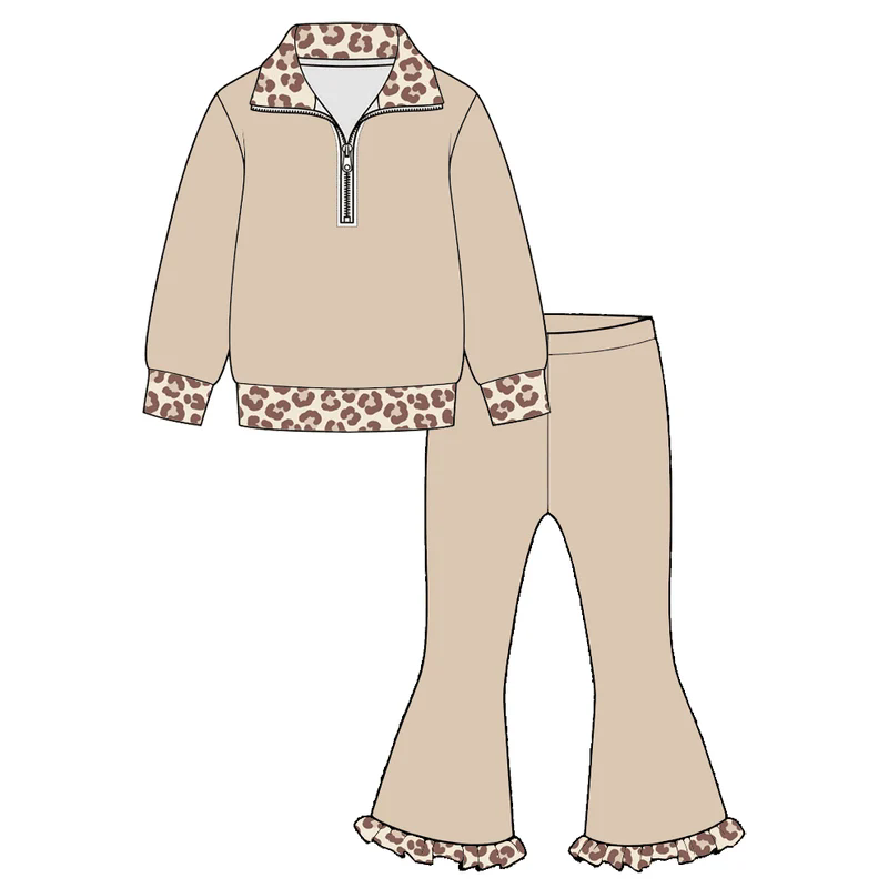 (Preorder new) No moq Baby Girls  Long Sleeve Quarter Zip Collar Top Matching Ruffle Hem Bell Bottom Pants Set