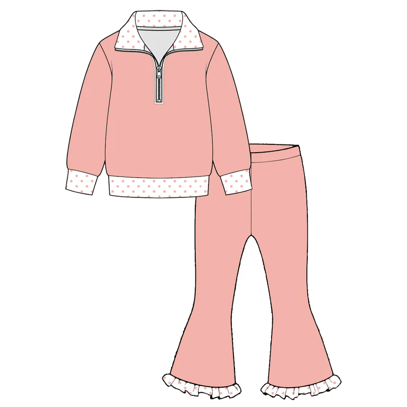 (Preorder new) No moq Baby Girls  Long Sleeve Quarter Zip Collar Top Matching Ruffle Hem Bell Bottom Pants Set
