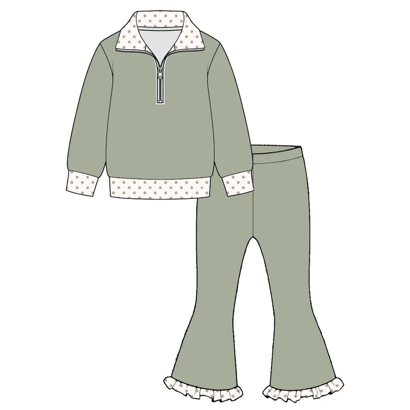 (Preorder new) No moq Baby Girls  Long Sleeve Quarter Zip Collar Top Matching Ruffle Hem Bell Bottom Pants Set