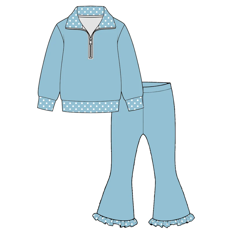 (Preorder new) No moq Baby Girls  Long Sleeve Quarter Zip Collar Top Matching Ruffle Hem Bell Bottom Pants Set