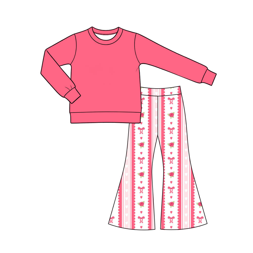 (Preorder new) No moq Baby Girls Pink Striped Rose Bow Print Bell Bottom Pants Solid Crew Neck Sweatshirt Clothes Set