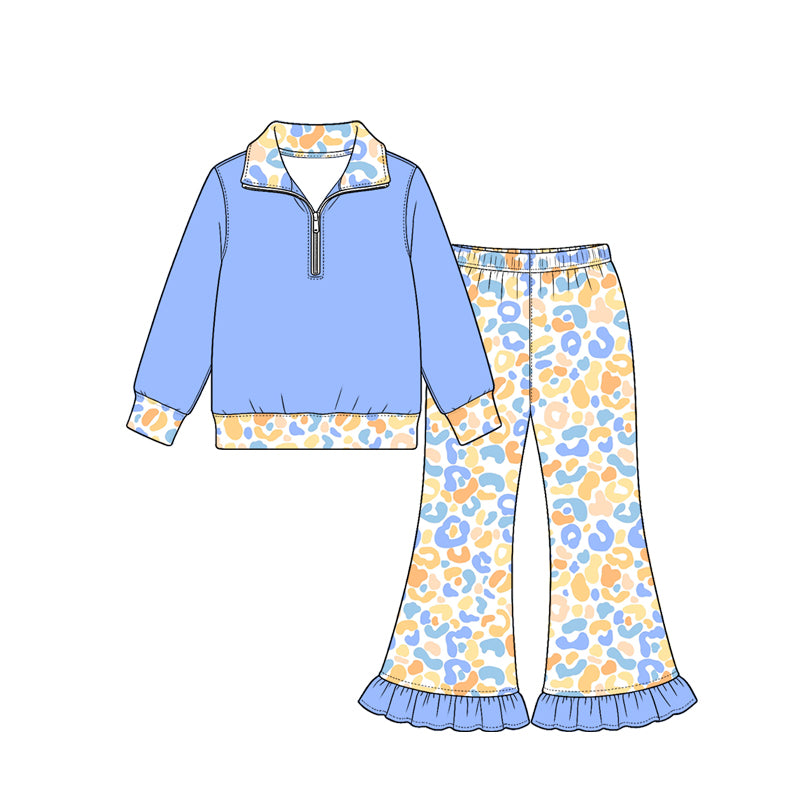 (Preorder new) No moq Baby Girls Leopard Print Ruffle Bell Bottom Pant And Quarter Zip Top Matching Outfit