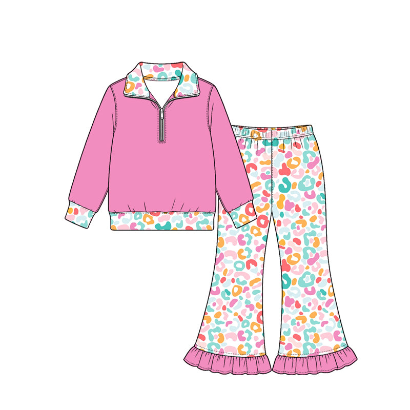 (Preorder new) No moq Baby Girls Leopard Print Ruffle Bell Bottom Pant And Quarter Zip Top Matching Outfit