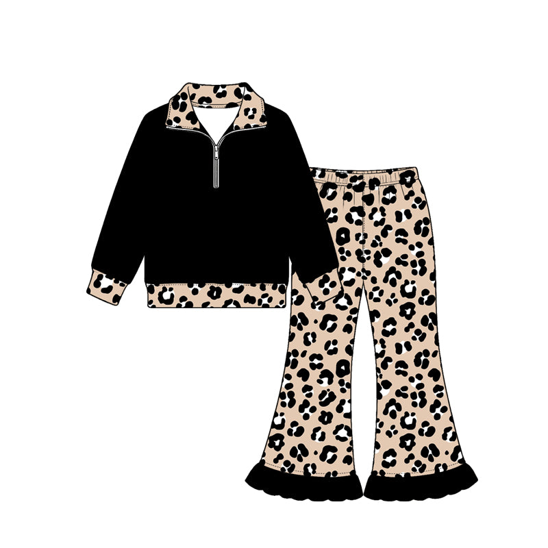 (Preorder new) No moq Baby Girls Leopard Print Ruffle Bell Bottom Pant And Quarter Zip Top Matching Outfit
