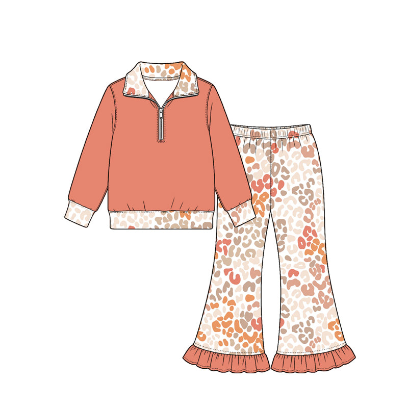 (Preorder new) No moq Baby Girls Leopard Print Ruffle Bell Bottom Pant And Quarter Zip Top Matching Outfit