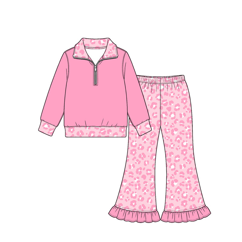 (Preorder new) No moq Baby Girls Leopard Print Ruffle Bell Bottom Pant And Quarter Zip Top Matching Outfit