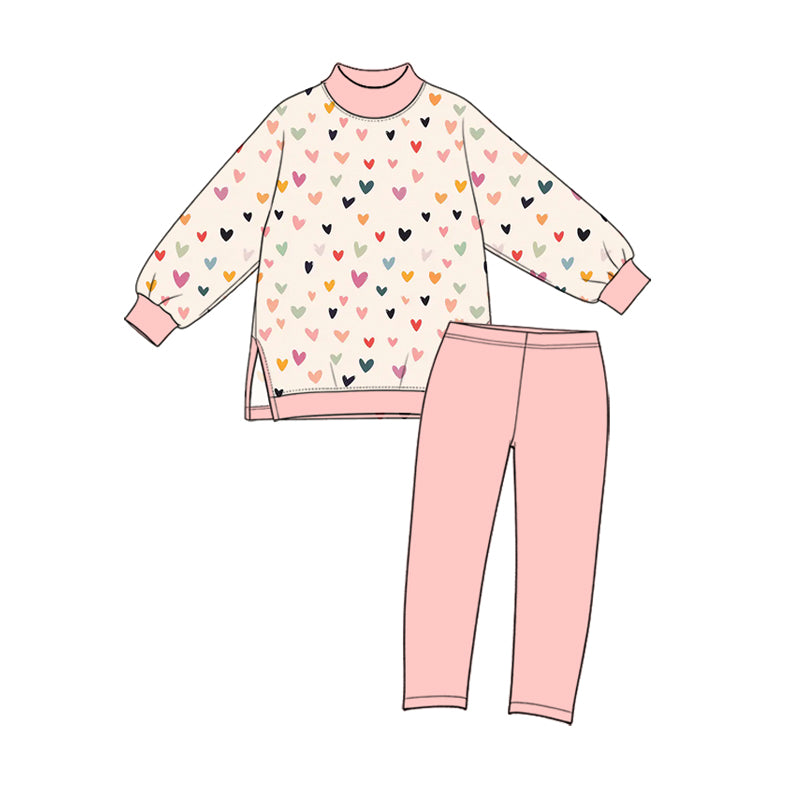 (Preorder new) No moq High Neck Baby Girls Heart Print Long Sleeve Top Pant Yoga Set Romper