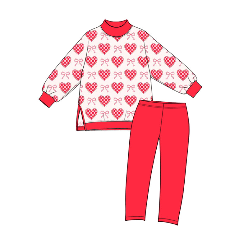 (Preorder new) No moq High Neck Baby Girls Red Heart Bow Print Long Sleeve Top Pant Yoga Set Romper