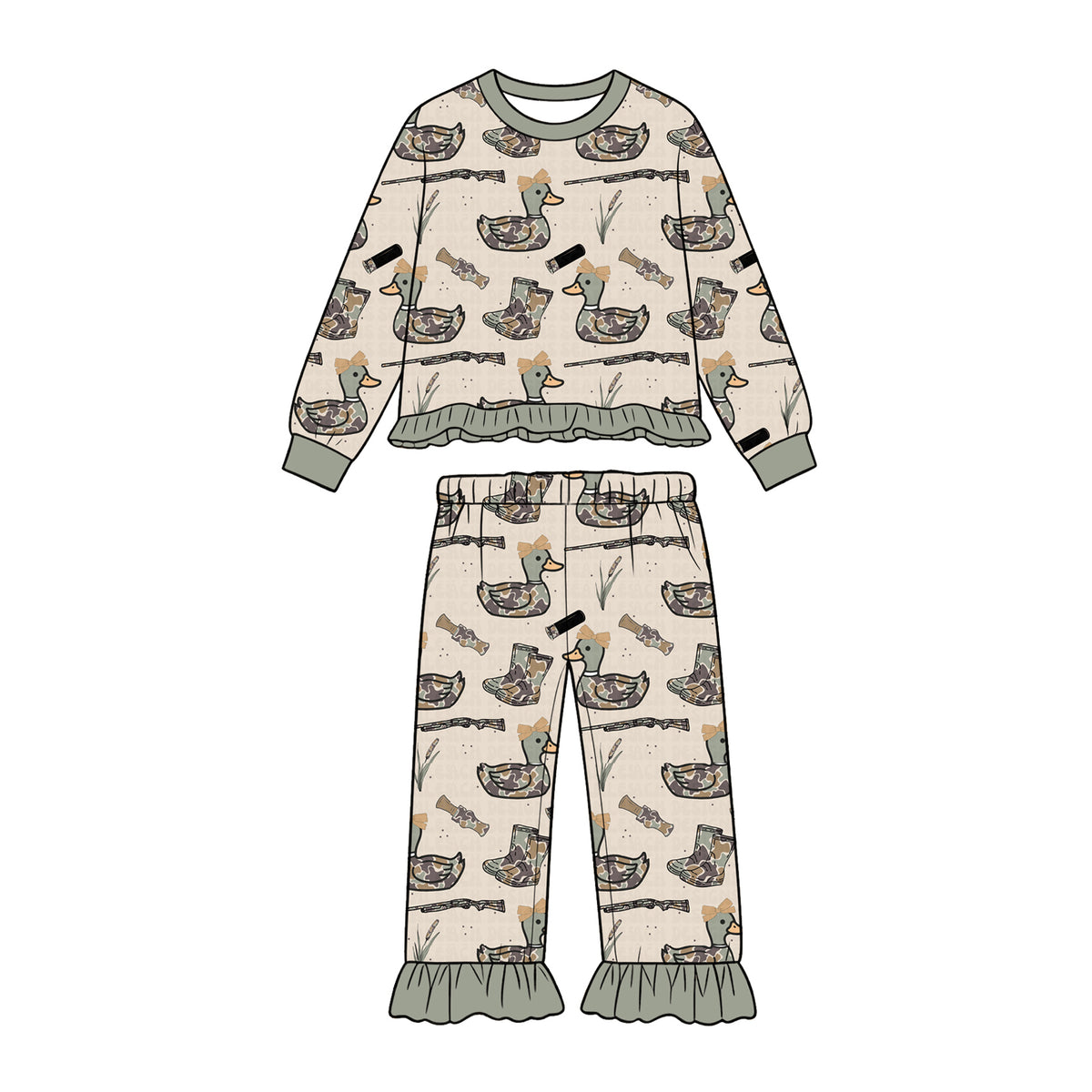 (Preorder new) No moq Baby Girls Duck Hunting Long Sleeve Top Jogger Pant Clothing Set