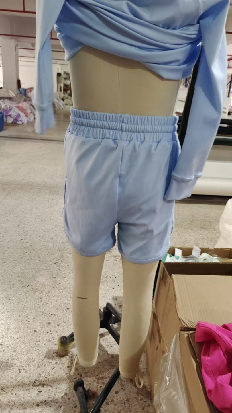 GLS0006Sample No Moq Fast Coming Baby Girls Yoga Outfits Baby Girls Blue Long Sleeves Top Short Yoga Set